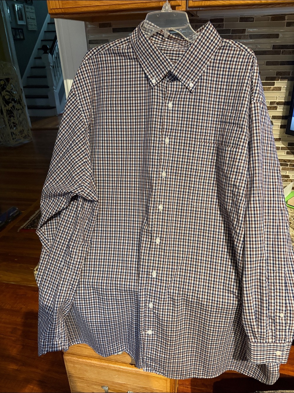 Men's Blue and White Check Dress Shirt - Button-Down